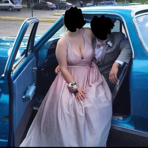 Pink & Silver Ombré plunging ball gown w jewels
the bottom was altered a bit